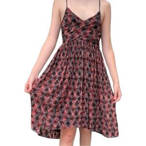 Free People Red Black Leaf Pattern Chiffon Spaghetti Strap Sun Dress